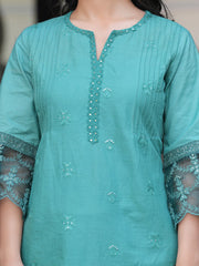 Maluka Women Sea Green Cotton Solid Emb. Kurta Pant With Dupatta Set
