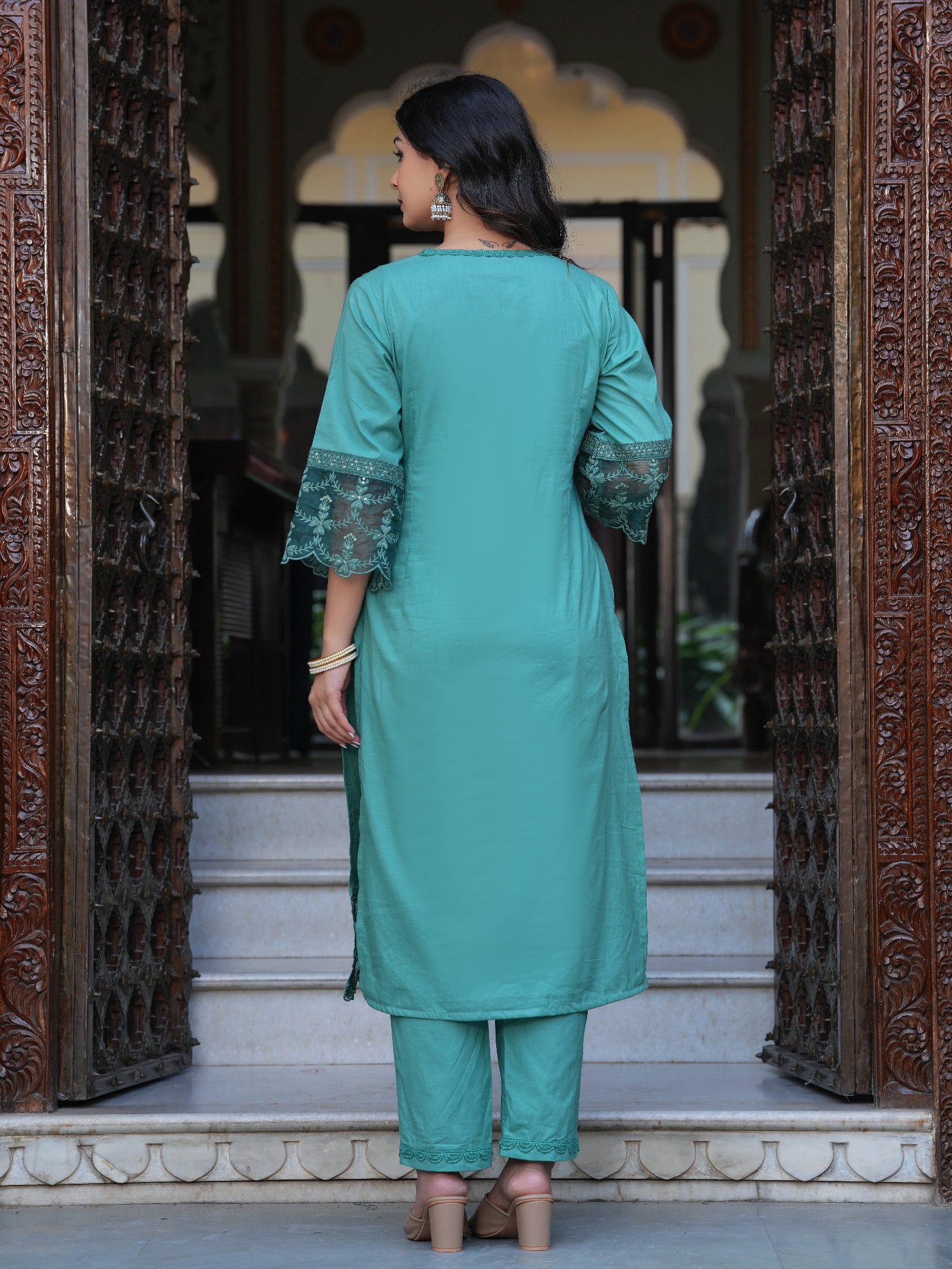 Maluka Women Sea Green Cotton Solid Emb. Kurta Pant With Dupatta Set