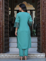Maluka Women Sea Green Cotton Solid Emb. Kurta Pant With Dupatta Set
