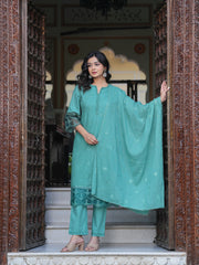 Maluka Women Sea Green Cotton Solid Emb. Kurta Pant With Dupatta Set