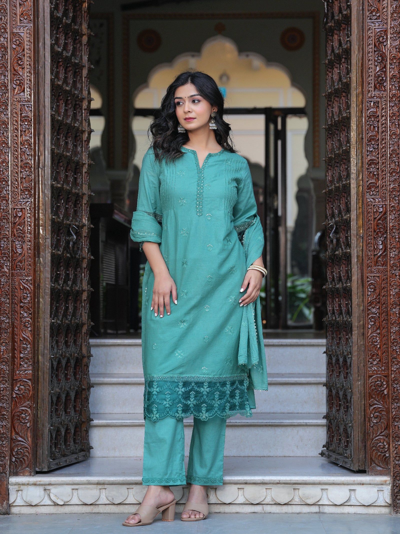 Maluka Women Sea Green Cotton Solid Emb. Kurta Pant With Dupatta Set