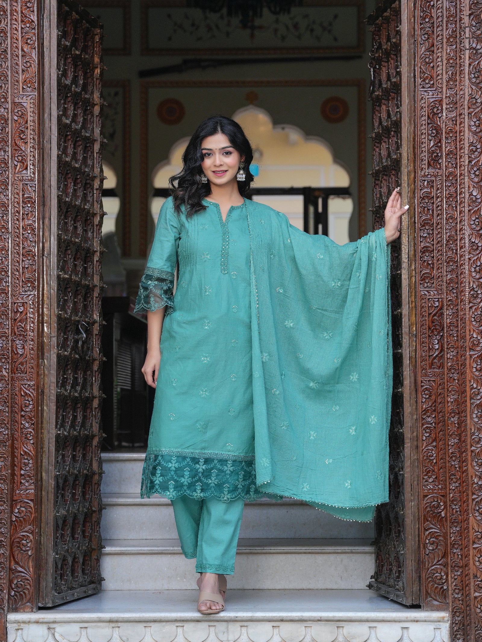 Maluka Women Sea Green Cotton Solid Emb. Kurta Pant With Dupatta Set