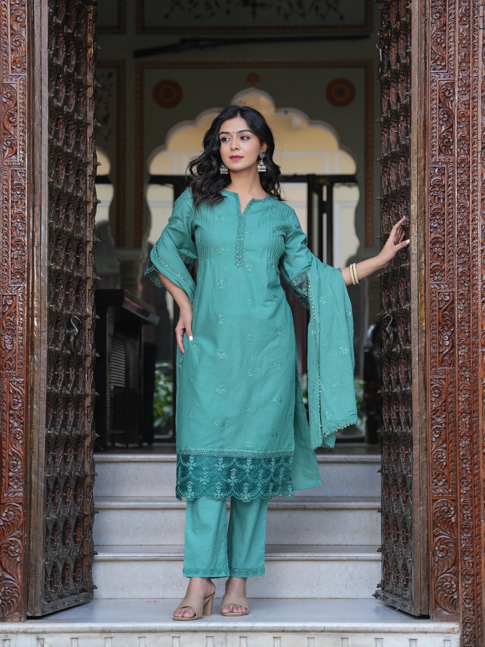 Maluka Women Sea Green Cotton Solid Emb. Kurta Pant With Dupatta Set