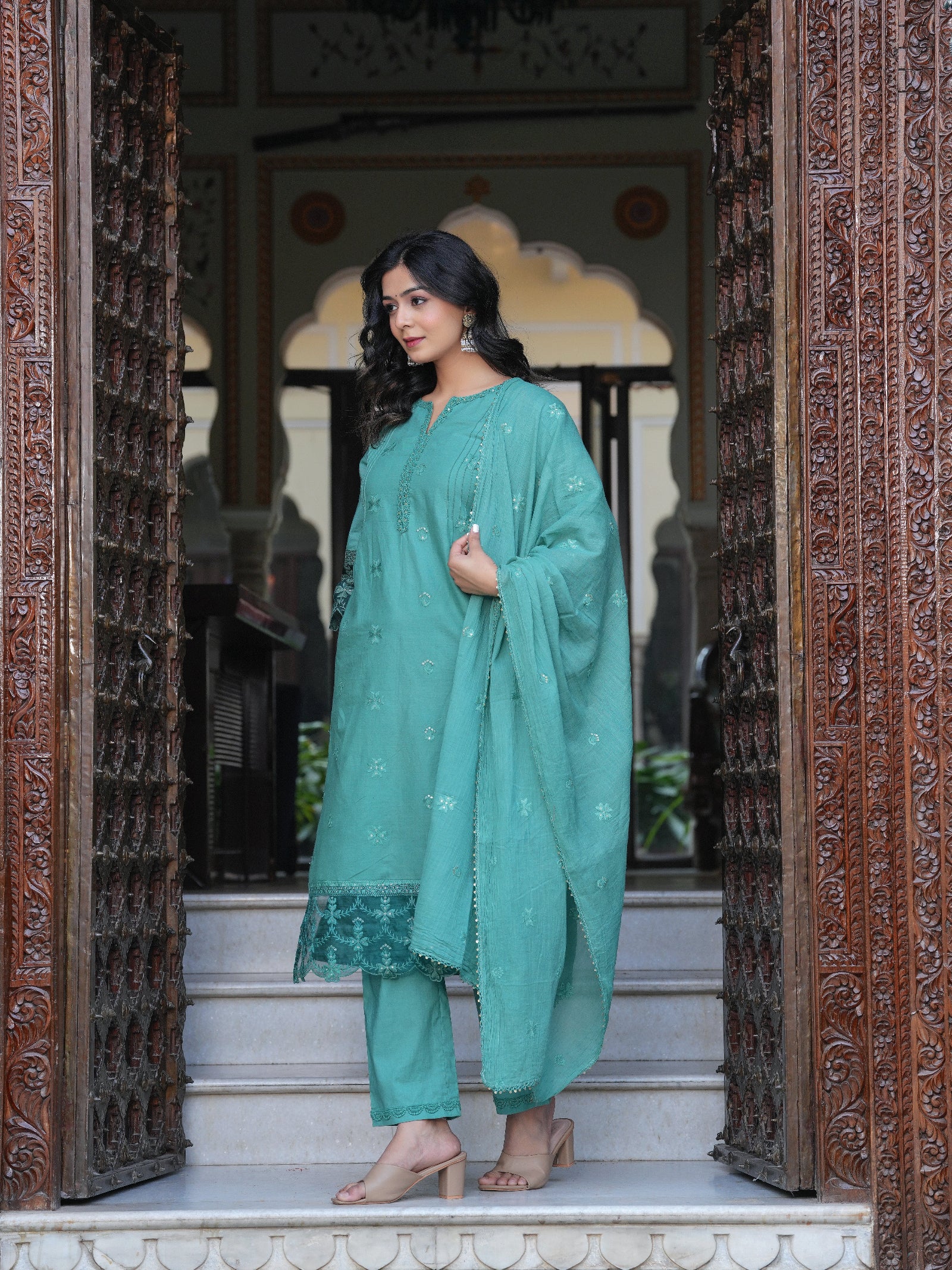 Maluka Women Sea Green Cotton Solid Emb. Kurta Pant With Dupatta Set