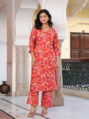 Maluka Women’s Red & Yellow Floral Modal Chanderi Kurta Set