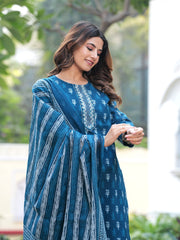Maluka Women Cotton Blue Kurta Pant With Dupatta Set