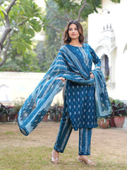 Maluka Women Cotton Blue Kurta Pant With Dupatta Set