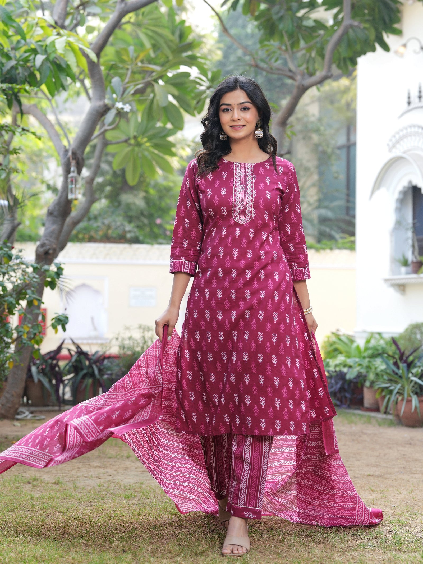 Maluka Women Dark Pink Cotton Printed Kurta Pant Dupatta Set