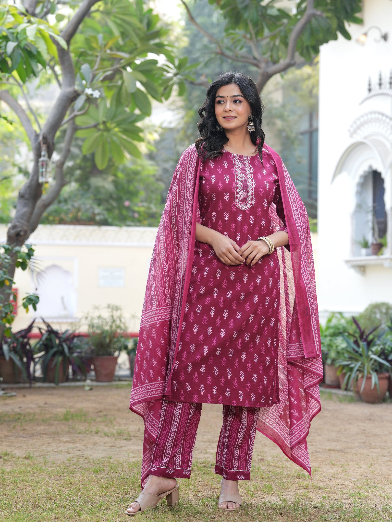 Maluka Women Dark Pink Cotton Printed Kurta Pant Dupatta Set