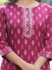 Maluka Women Dark Pink Cotton Printed Kurta Pant Dupatta Set