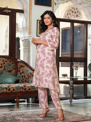 Maluka Women’s Rose Gold & Grey Floral Modal Chanderi Kurta Set