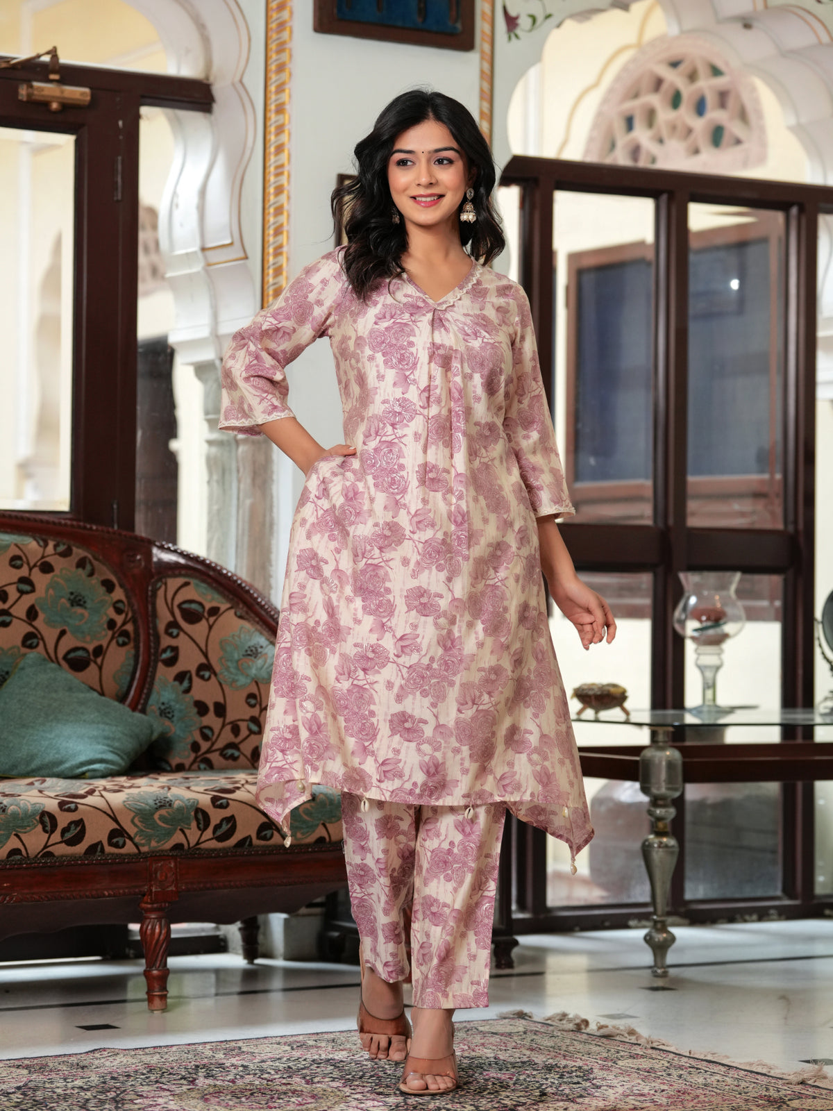 Maluka Women’s Rose Gold & Grey Floral Modal Chanderi Kurta Set