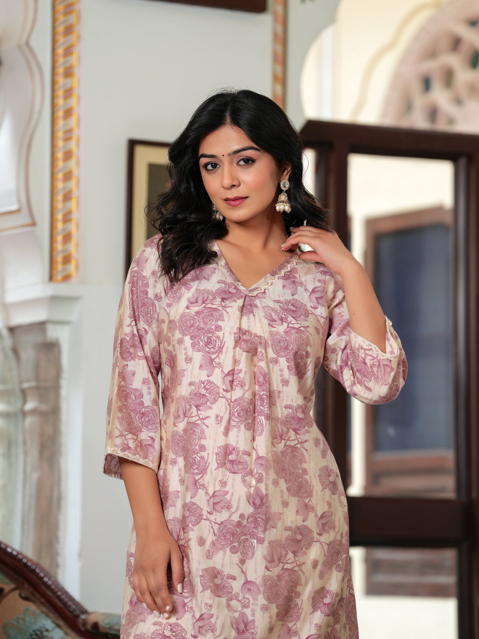 Maluka Women’s Rose Gold & Grey Floral Modal Chanderi Kurta Set