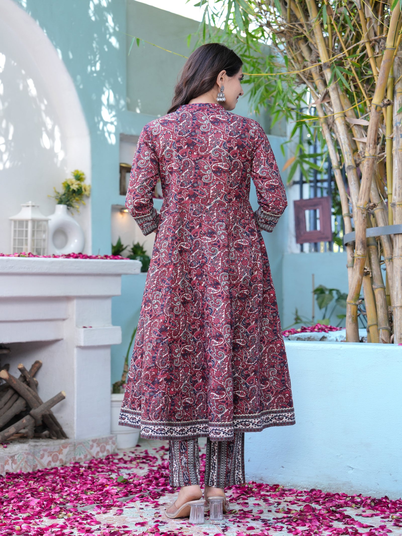 Maluka Women Maroon Cotton Emb. Printed Kurta Pant Dupatta Set