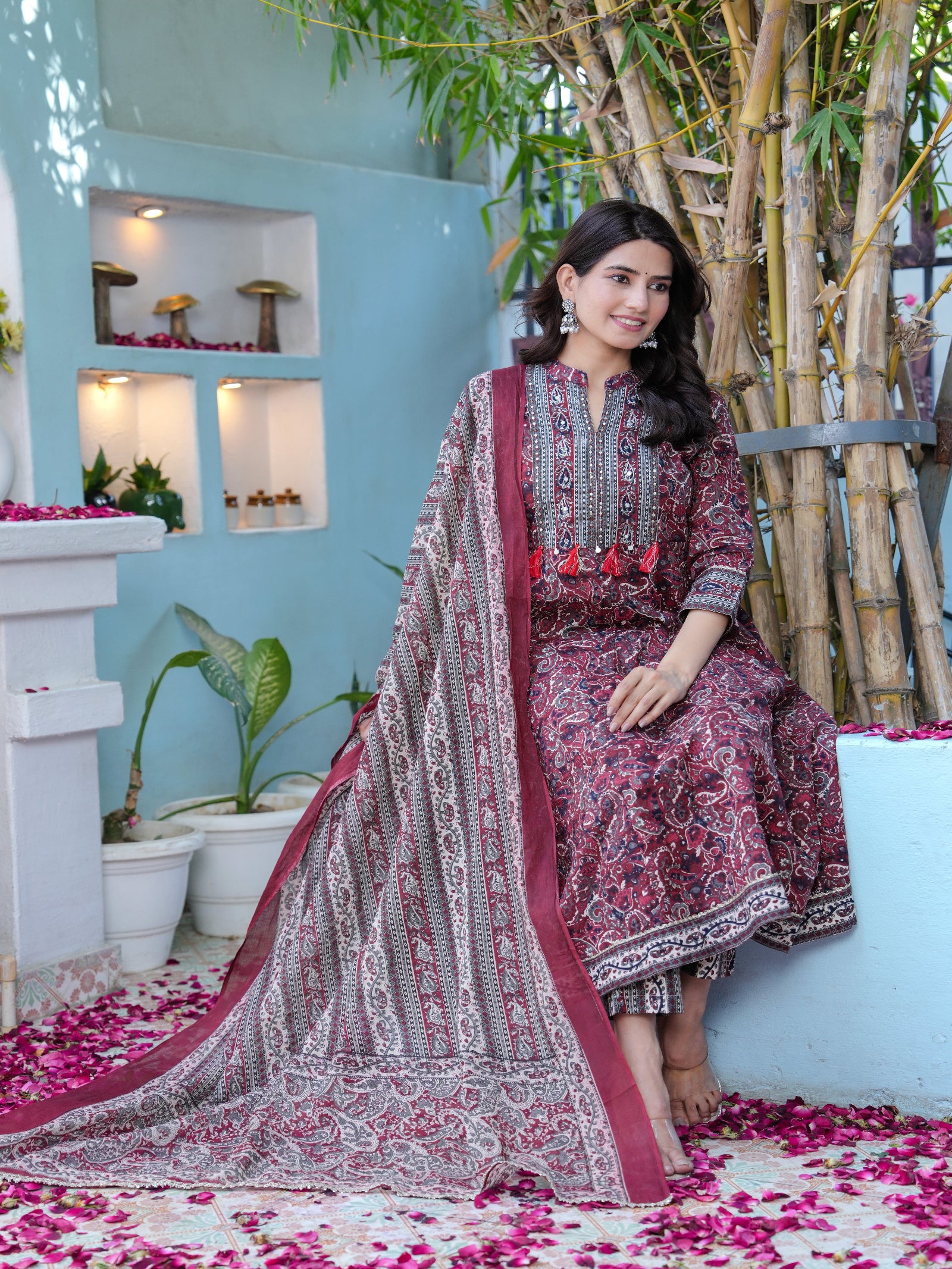 Maluka Women Maroon Cotton Emb. Printed Kurta Pant Dupatta Set