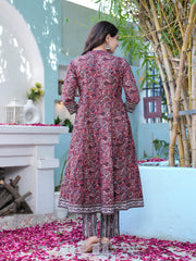 Maluka Women Maroon Cotton Emb. Printed Kurta Pant Dupatta Set