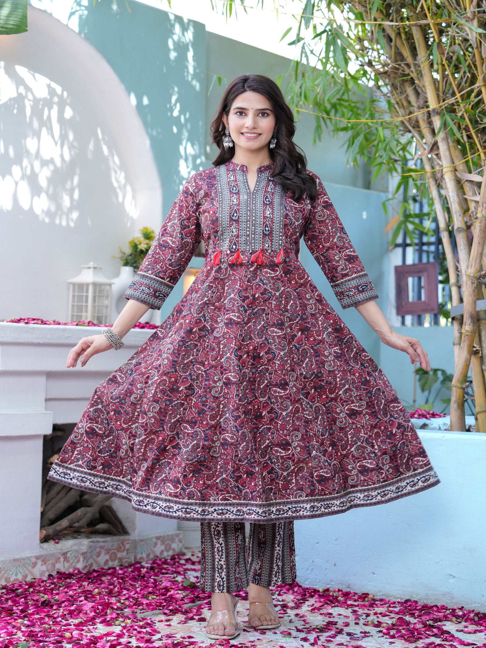 Maluka Women Maroon Cotton Emb. Printed Kurta Pant Dupatta Set