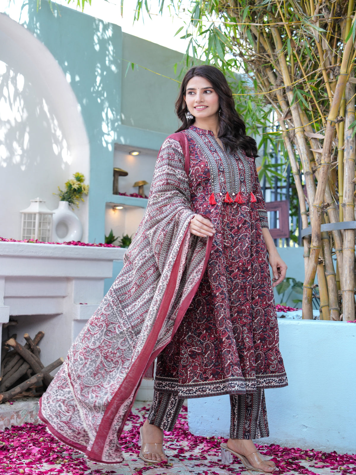 Maluka Women Maroon Cotton Emb. Printed Kurta Pant Dupatta Set