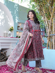 Maluka Women Maroon Cotton Emb. Printed Kurta Pant Dupatta Set