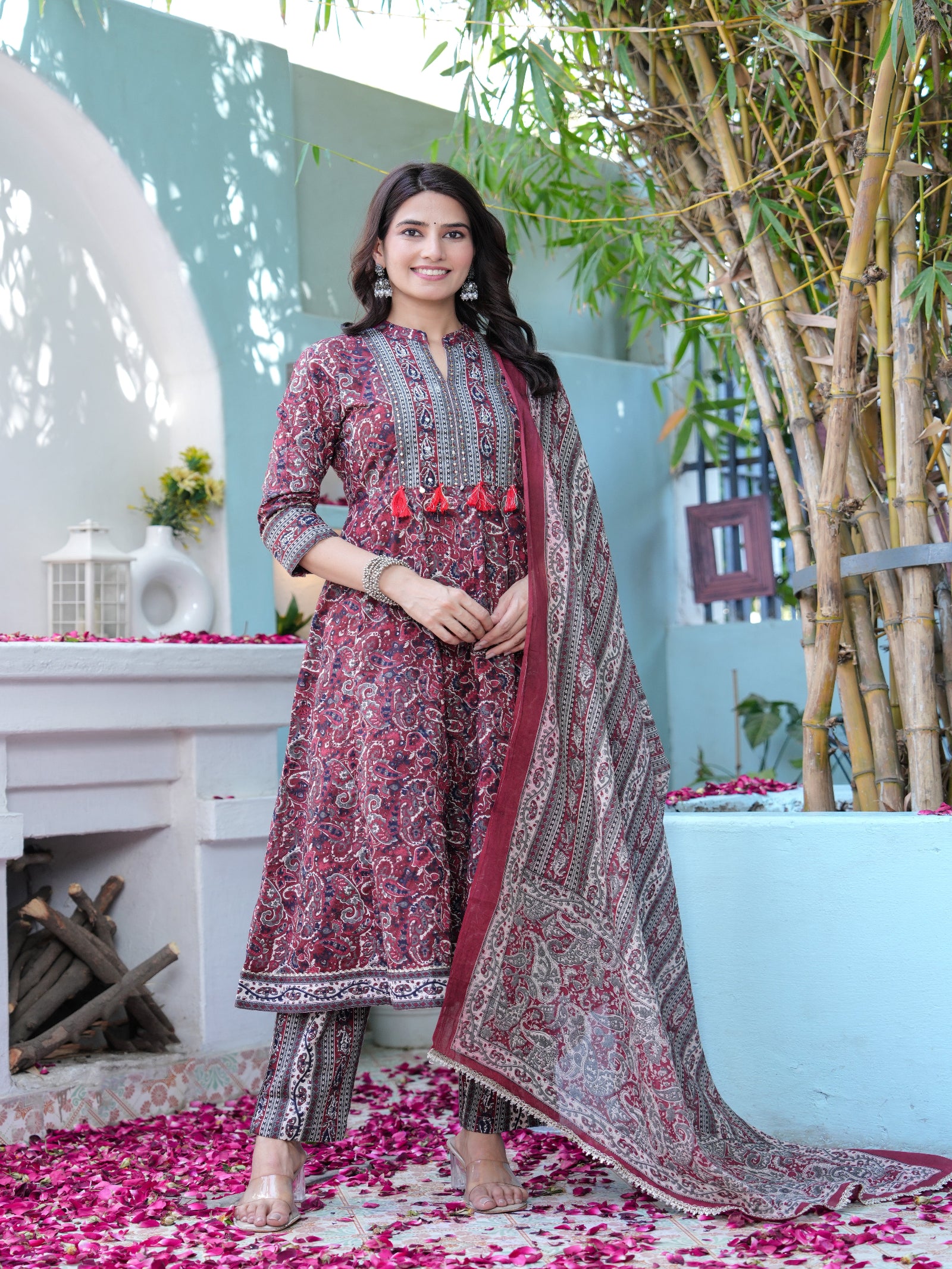 Maluka Women Maroon Cotton Emb. Printed Kurta Pant Dupatta Set