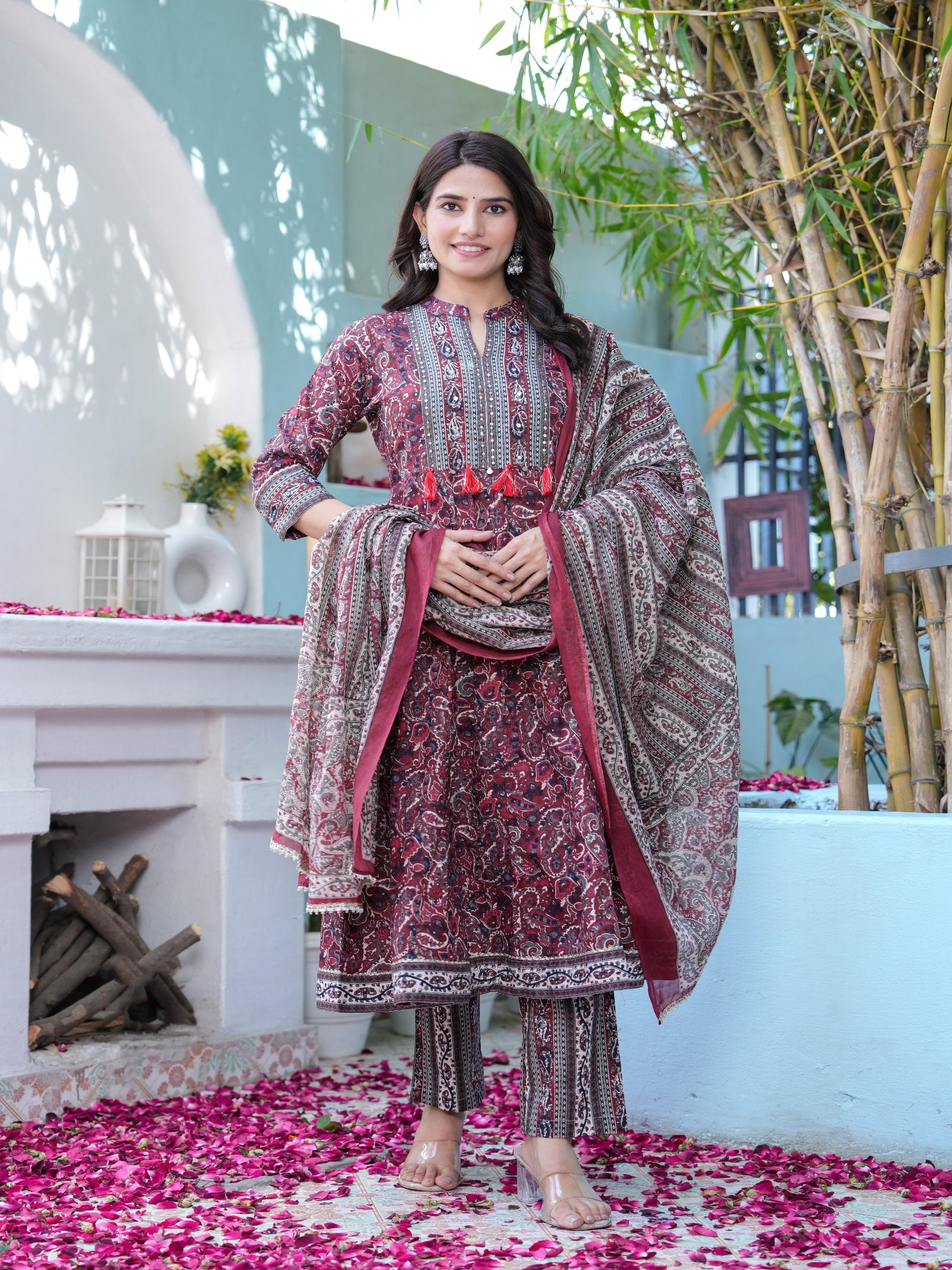 Maluka Women Maroon Cotton Emb. Printed Kurta Pant Dupatta Set