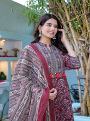 Maluka Women Maroon Cotton Emb. Printed Kurta Pant Dupatta Set