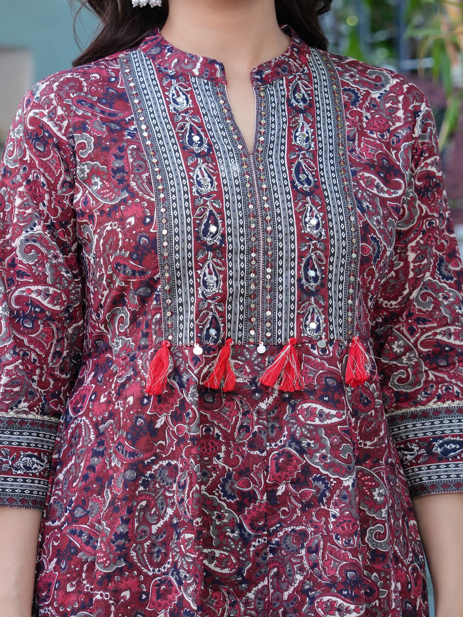 Maluka Women Maroon Cotton Emb. Printed Kurta Pant Dupatta Set