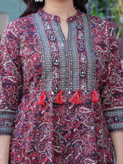 Maluka Women Maroon Cotton Emb. Printed Kurta Pant Dupatta Set