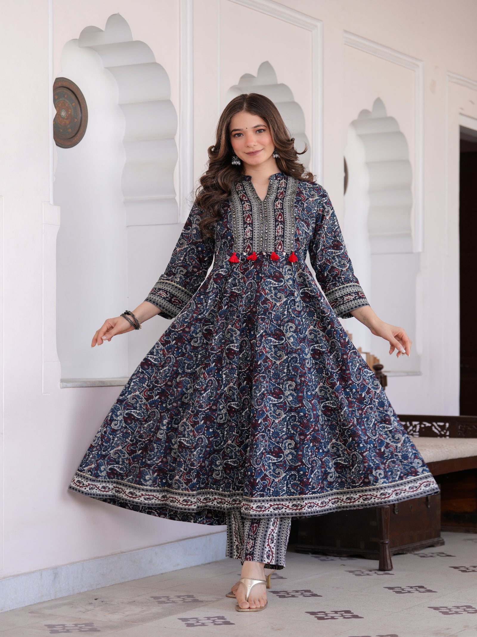 Maluka Women Blue Cotton Emb. Printed Kurta Pant Dupatta Set