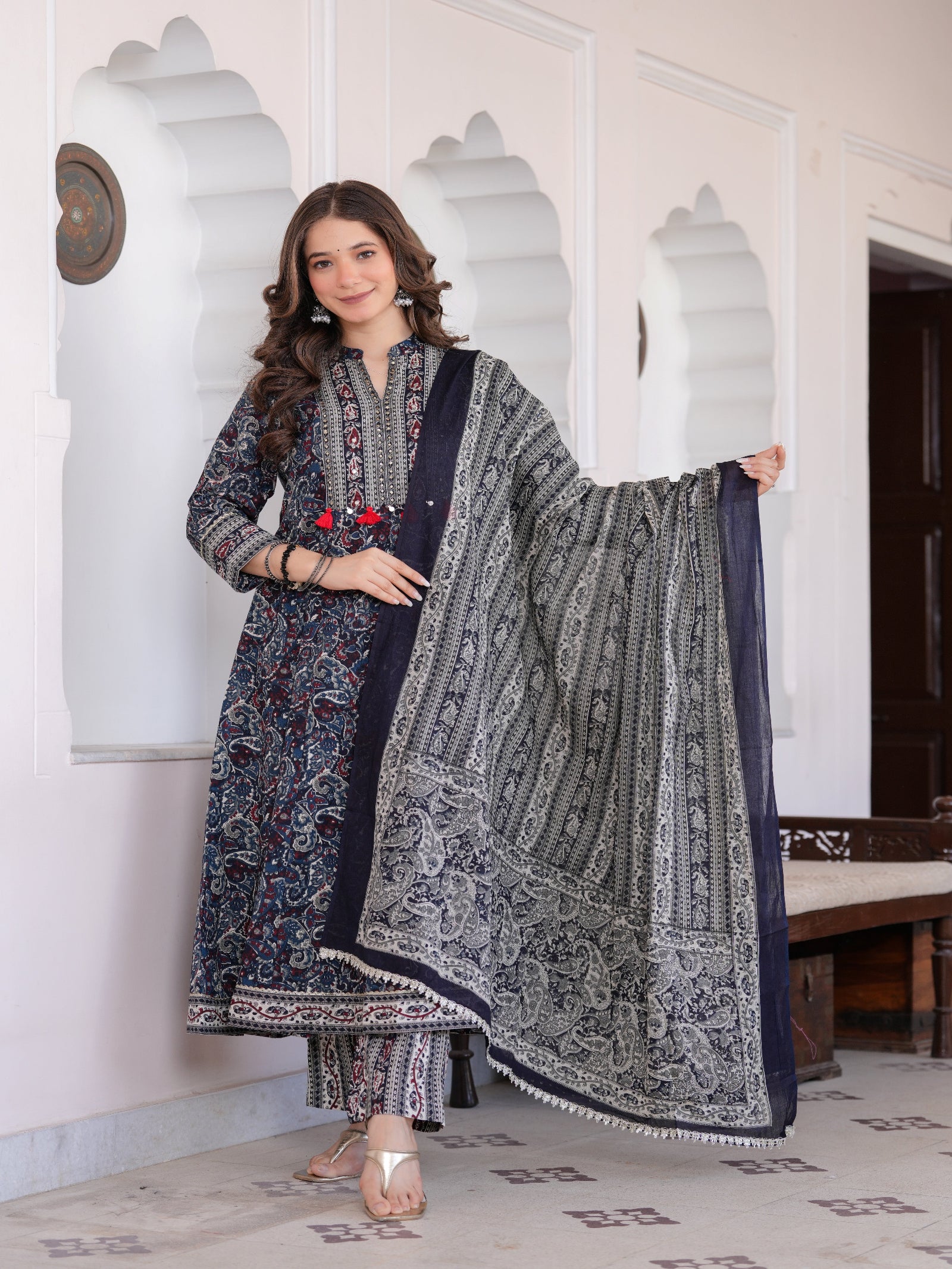 Maluka Women Blue Cotton Emb. Printed Kurta Pant Dupatta Set