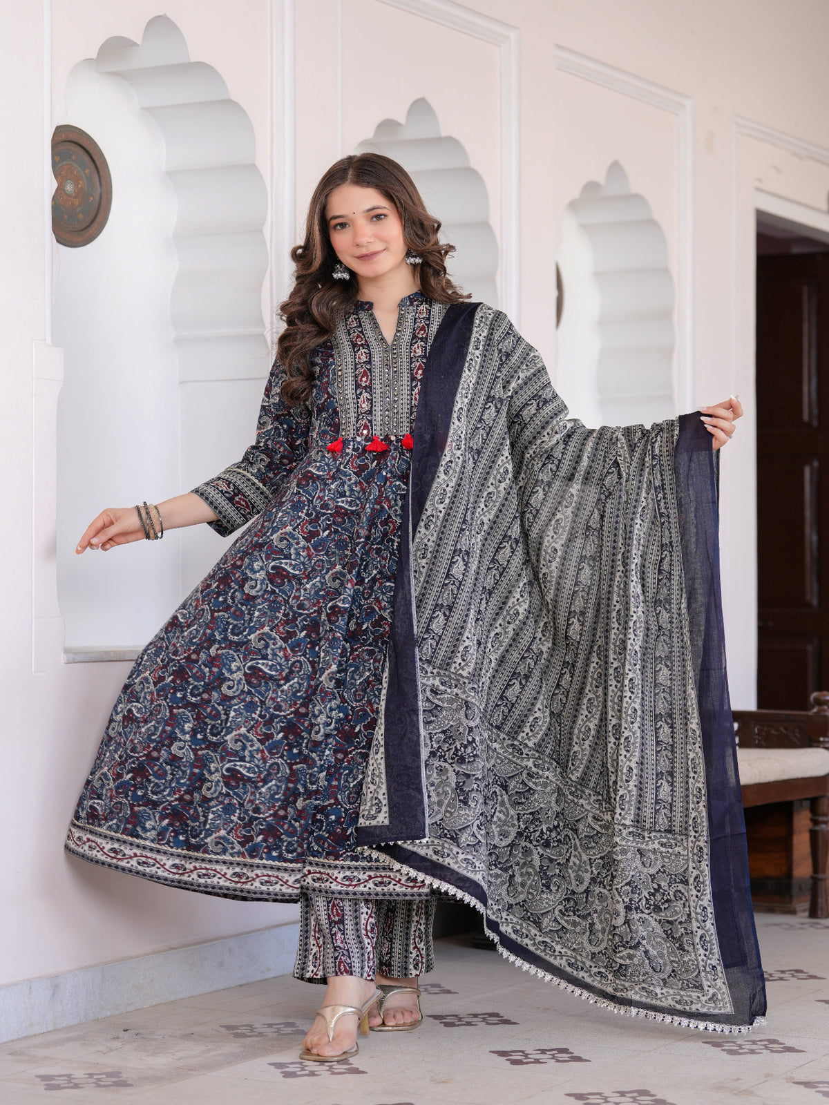 Maluka Women Blue Cotton Emb. Printed Kurta Pant Dupatta Set