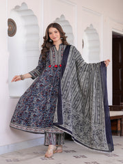 Maluka Women Blue Cotton Emb. Printed Kurta Pant Dupatta Set