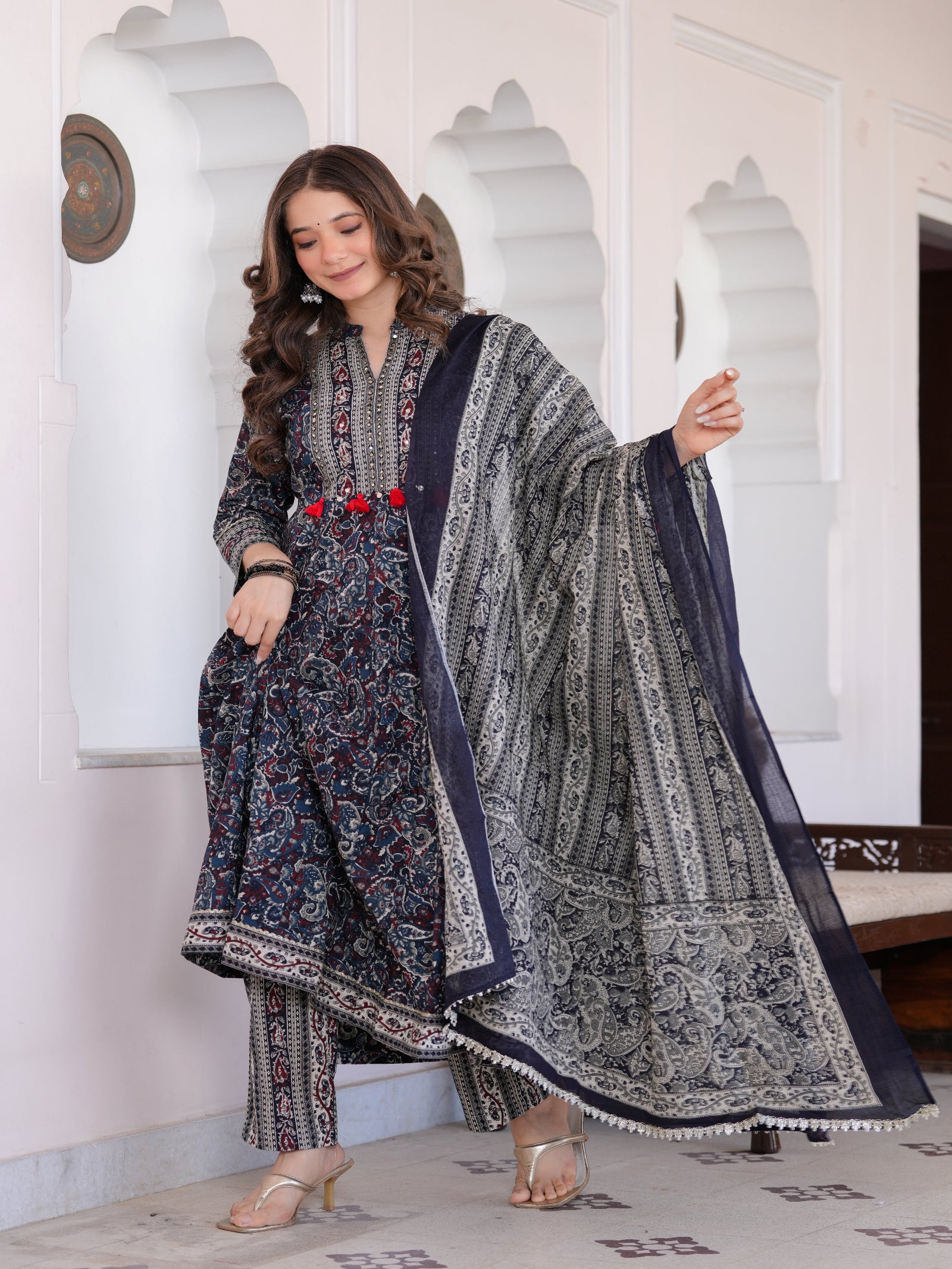 Maluka Women Blue Cotton Emb. Printed Kurta Pant Dupatta Set