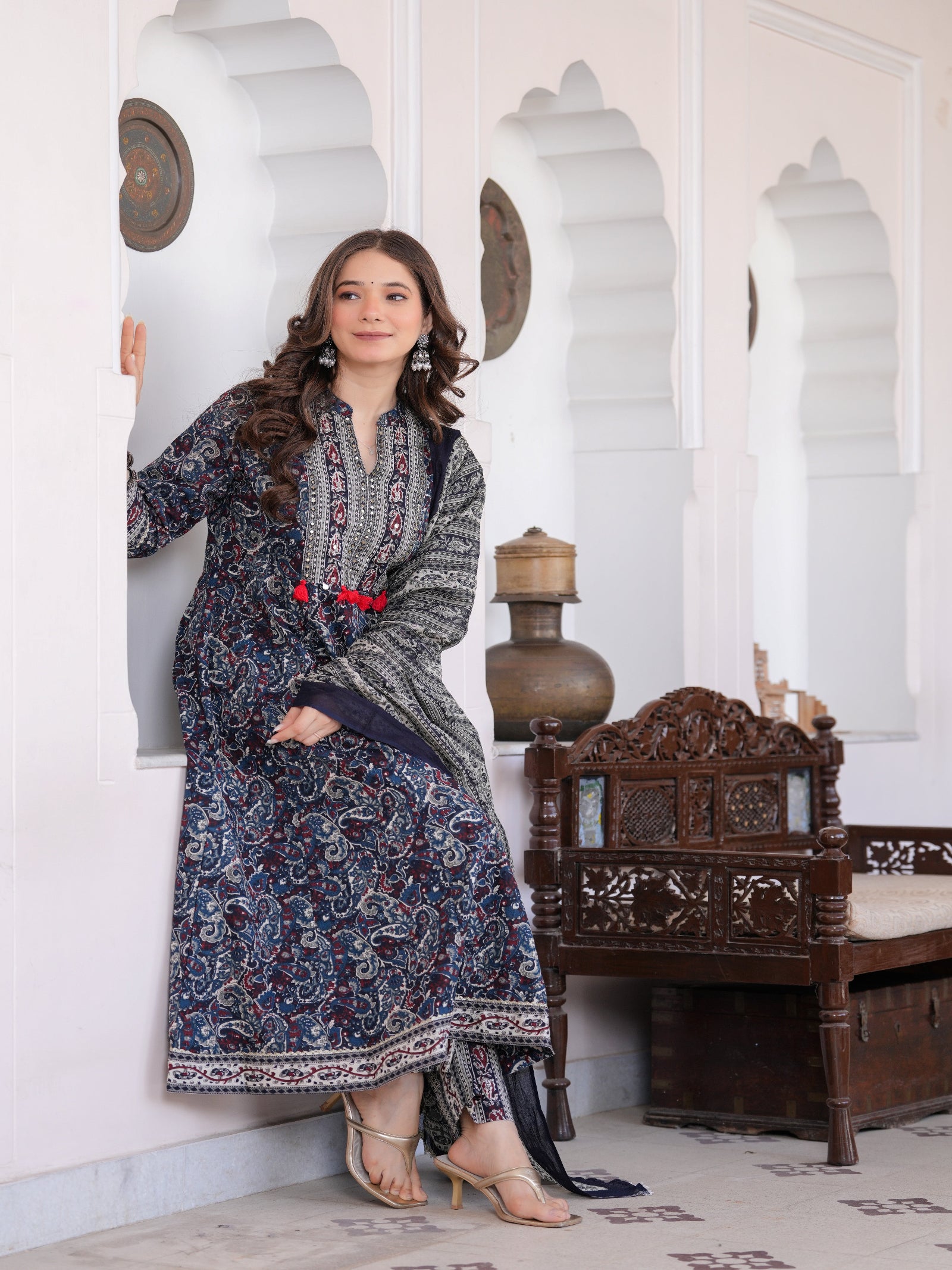 Maluka Women Blue Cotton Emb. Printed Kurta Pant Dupatta Set