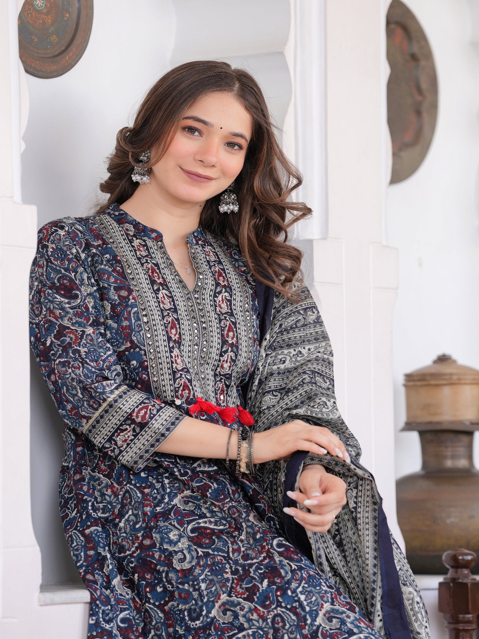 Maluka Women Blue Cotton Emb. Printed Kurta Pant Dupatta Set