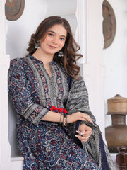 Maluka Women Blue Cotton Emb. Printed Kurta Pant Dupatta Set
