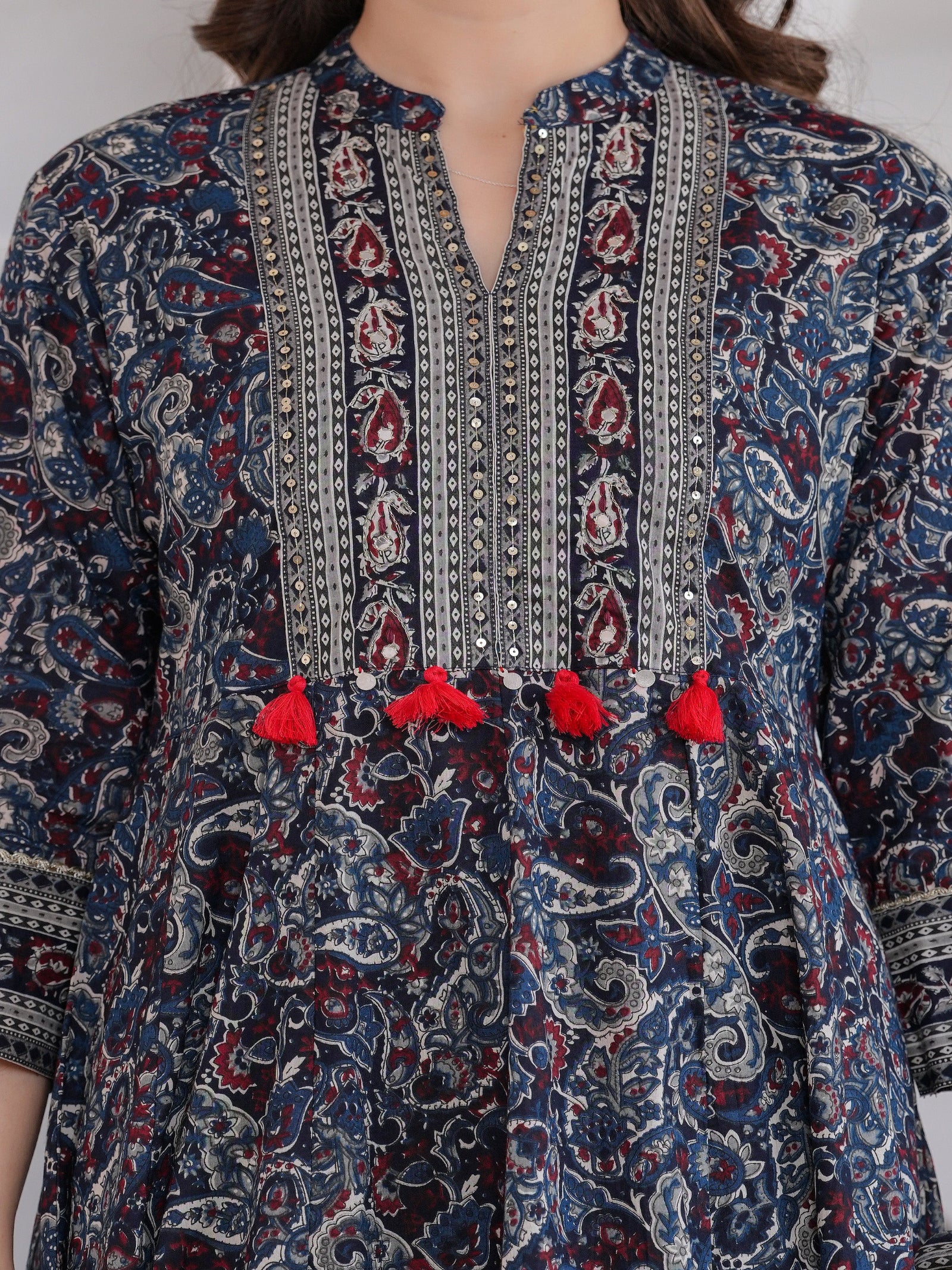 Maluka Women Blue Cotton Emb. Printed Kurta Pant Dupatta Set