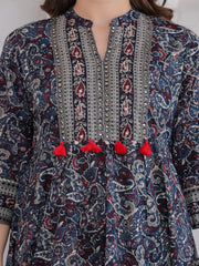 Maluka Women Blue Cotton Emb. Printed Kurta Pant Dupatta Set