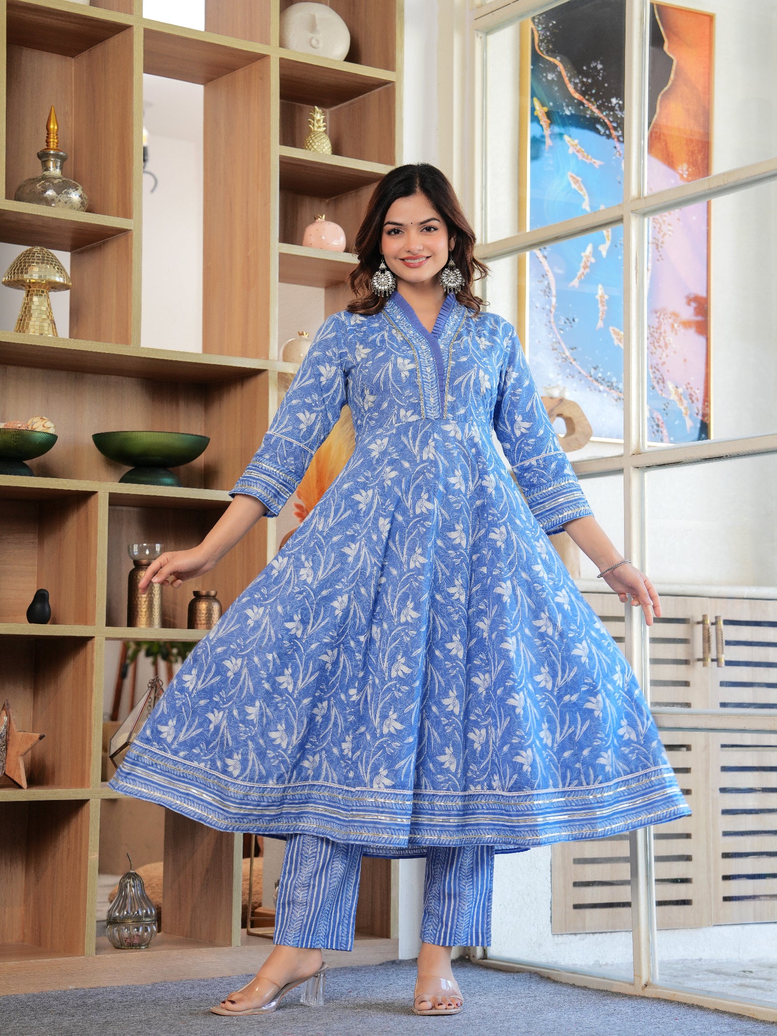 Maluka Women Cotton Blue Floral Printed Kurta Pant With Dupatta Set