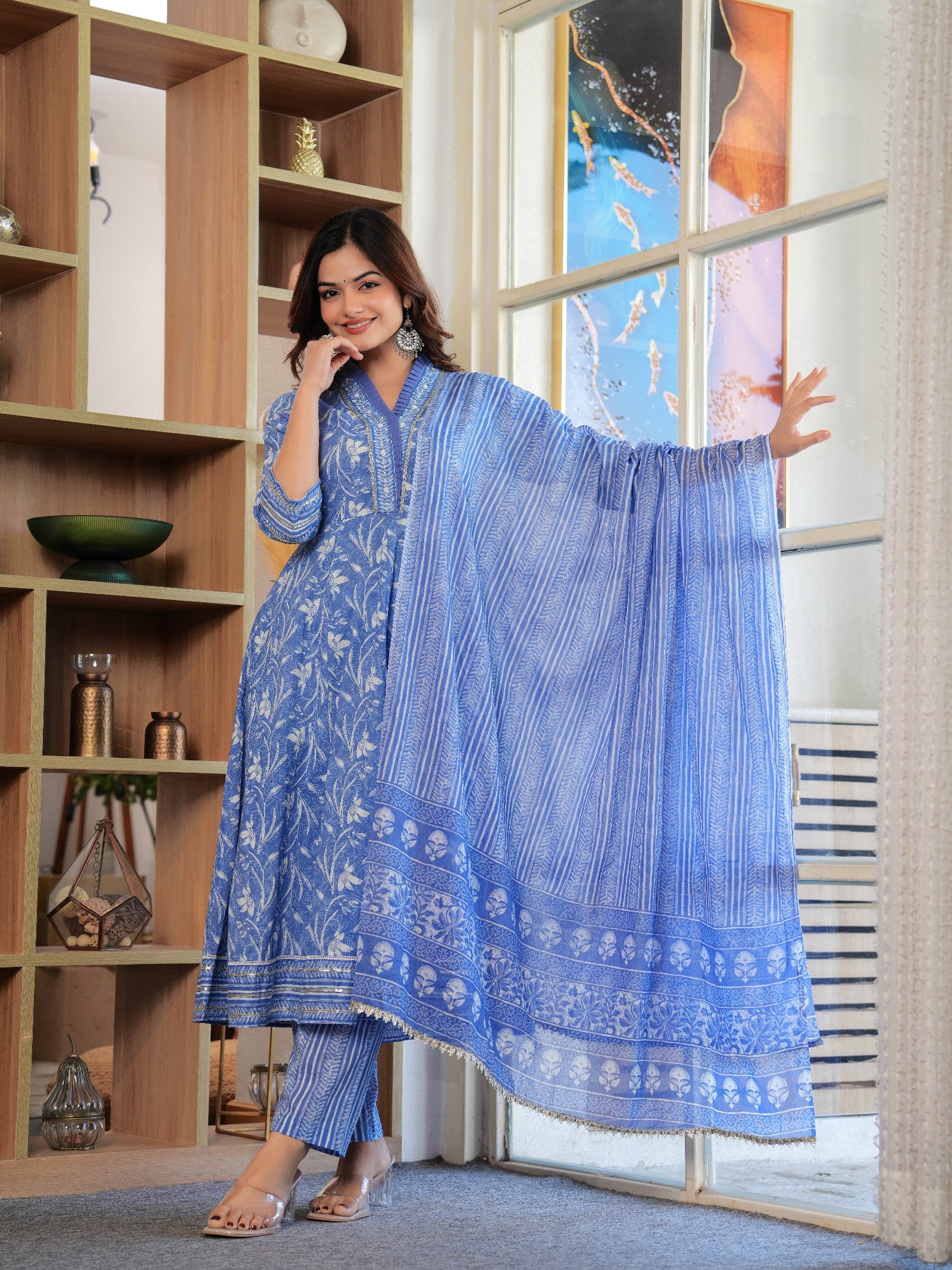 Maluka Women Cotton Blue Floral Printed Kurta Pant With Dupatta Set