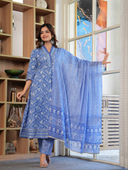 Maluka Women Cotton Blue Floral Printed Kurta Pant With Dupatta Set
