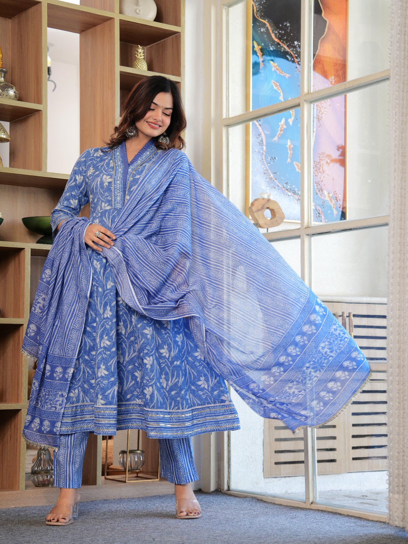 Maluka Women Cotton Blue Floral Printed Kurta Pant With Dupatta Set