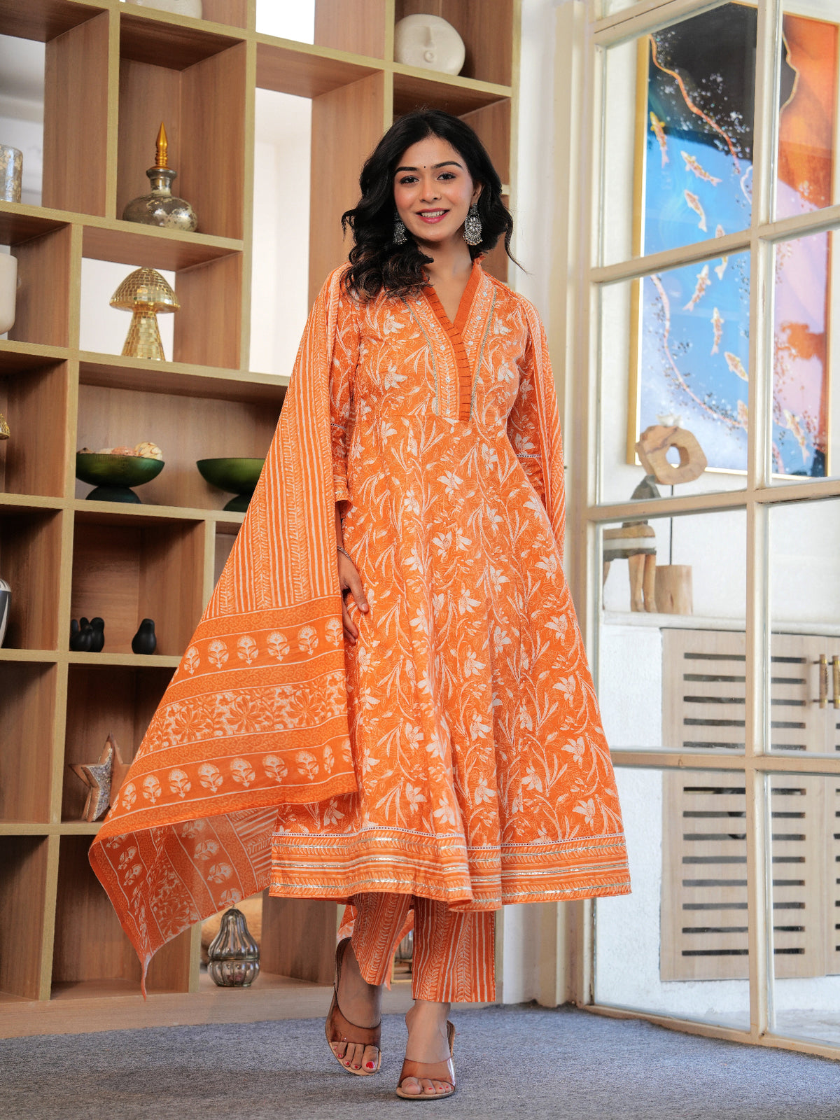 Maluka Women Orange Cotton Floral Printed Kurta Pant Dupatta Set