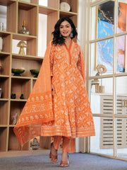 Maluka Women Orange Cotton Floral Printed Kurta Pant Dupatta Set