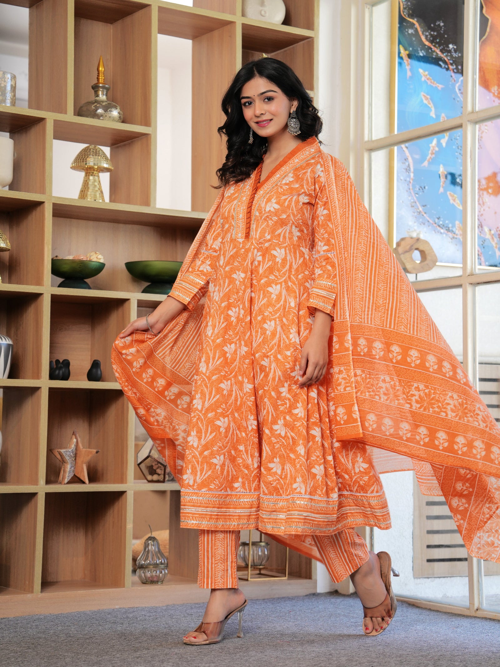Maluka Women Orange Cotton Floral Printed Kurta Pant Dupatta Set