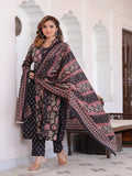 Maluka Women Black Floral Printed Kurta Pant Dupatta Set
