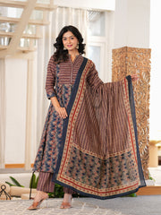 Maluka Women Cotton Printed Kurta Pant With Dupatta Set