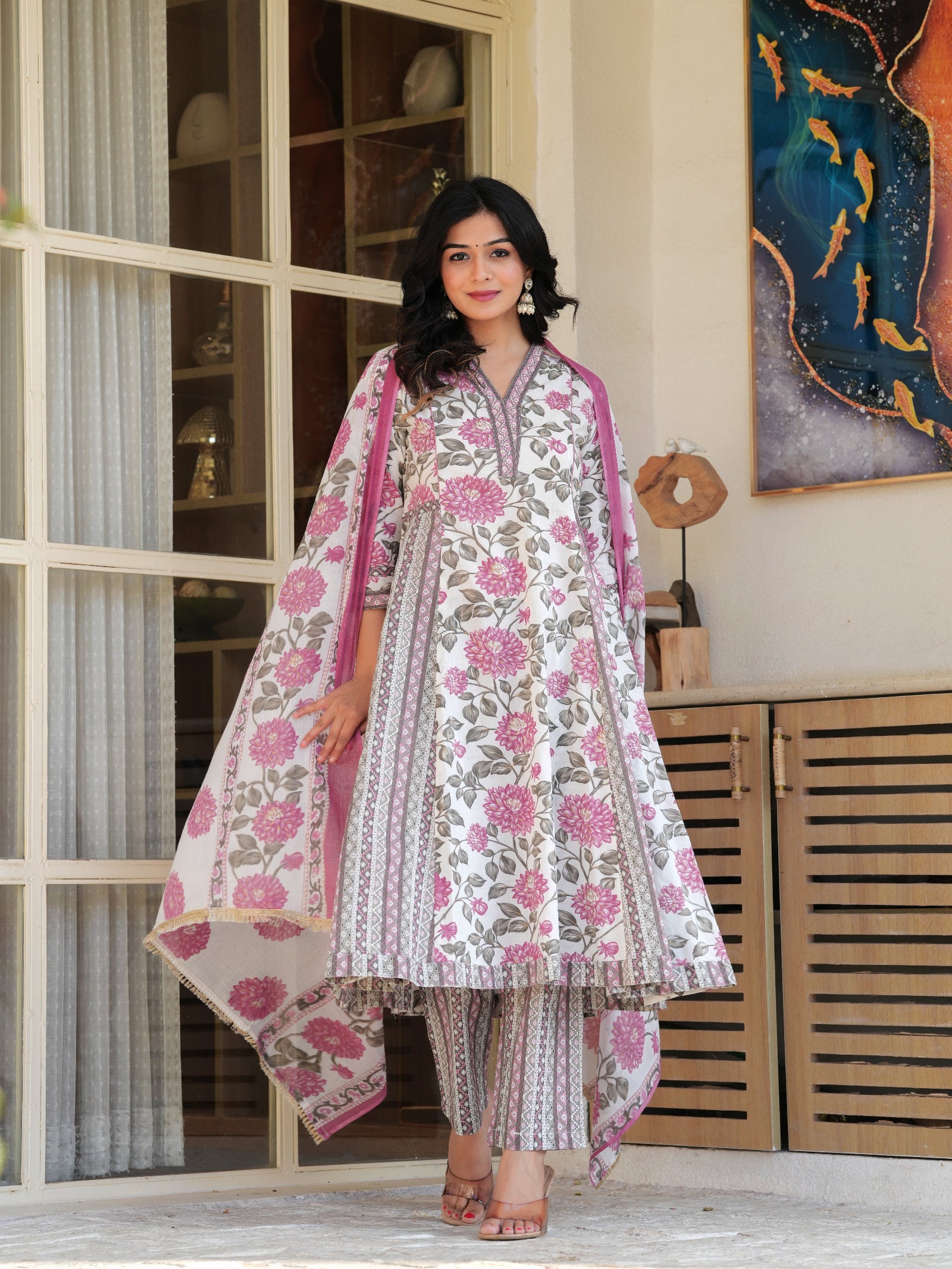 Maluka Women Grey Cotton Floral Printed Kurta Pant Dupatta Set