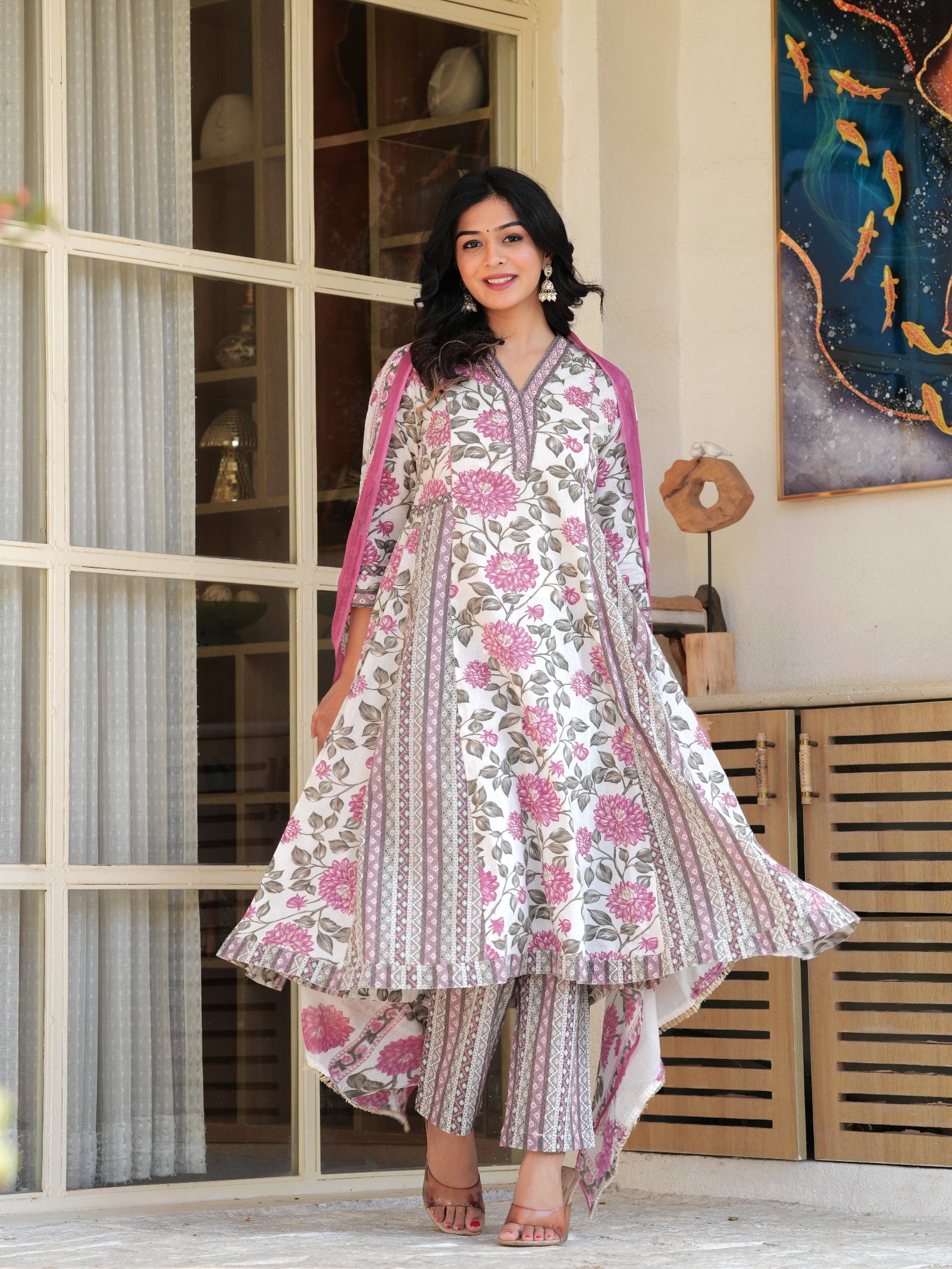 Maluka Women Grey Cotton Floral Printed Kurta Pant Dupatta Set