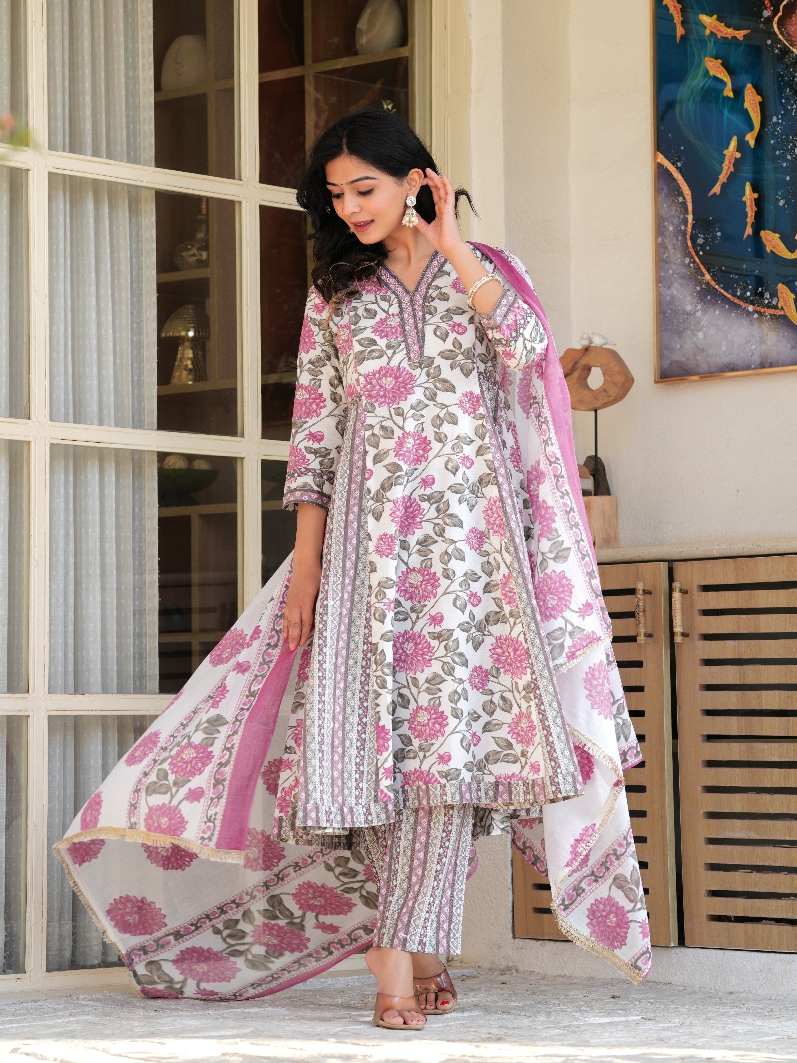 Maluka Women Grey Cotton Floral Printed Kurta Pant Dupatta Set